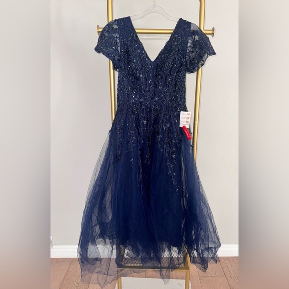 NEW MAC DUGGAL Embellished Flutter Sleeve Tea-Length Dress Midnight Navy 20304 - Picture 7 of 9